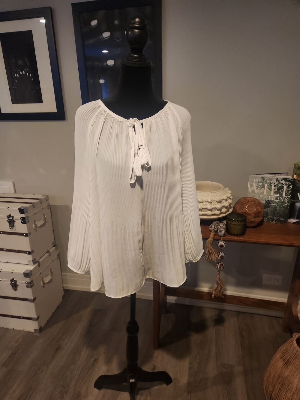 NWOT White Pleated Tie-Neck Blouse